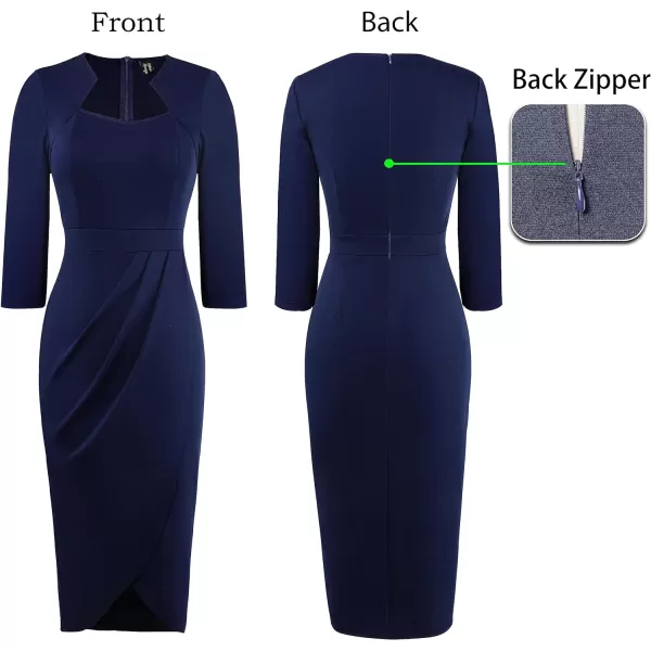 VFSHOW Womens Square Neck Work Ruched Front Slit Business Office Party Dress Church Bodycon Sheath Midi Pencil DressDark Blue  34 Sleeve