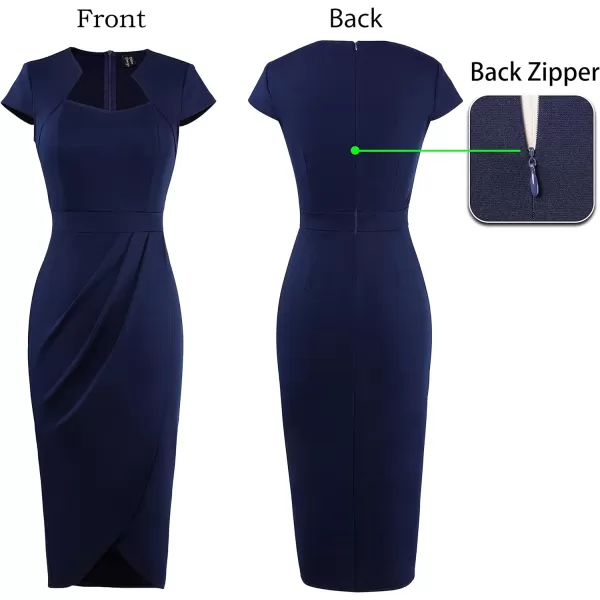 VFSHOW Womens Square Neck Work Ruched Front Slit Business Office Party Dress Church Bodycon Sheath Midi Pencil DressDark Blue