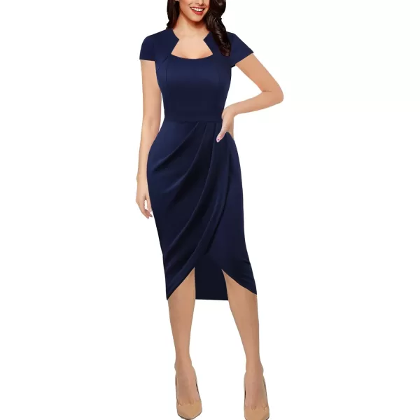 VFSHOW Womens Square Neck Work Ruched Front Slit Business Office Party Dress Church Bodycon Sheath Midi Pencil DressDark Blue