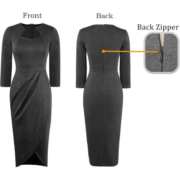 VFSHOW Womens Square Neck Work Ruched Front Slit Business Office Party Dress Church Bodycon Sheath Midi Pencil DressDark Grey  34 Sleeve