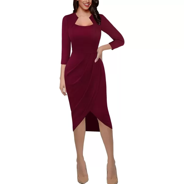 VFSHOW Womens Square Neck Work Ruched Front Slit Business Office Party Dress Church Bodycon Sheath Midi Pencil DressDark Red  34 Sleeve