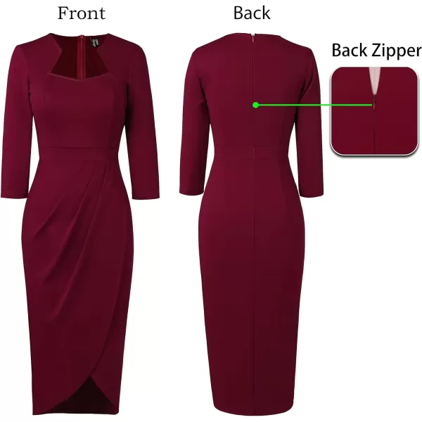 VFSHOW Womens Square Neck Work Ruched Front Slit Business Office Party Dress Church Bodycon Sheath Midi Pencil DressDark Red  34 Sleeve