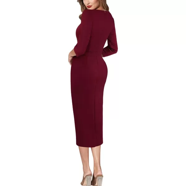 VFSHOW Womens Square Neck Work Ruched Front Slit Business Office Party Dress Church Bodycon Sheath Midi Pencil DressDark Red  34 Sleeve