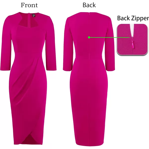 VFSHOW Womens Square Neck Work Ruched Front Slit Business Office Party Dress Church Bodycon Sheath Midi Pencil DressHot Pink  34 Sleeve