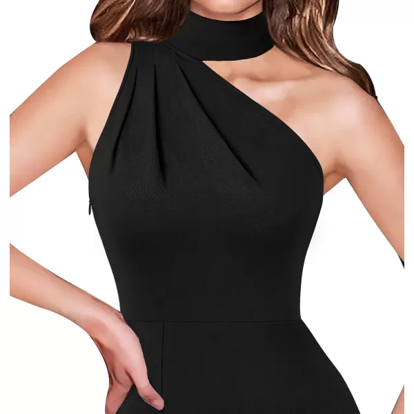 VFSHOW Womens Summer One Shoulder Halter Tie Neck Beach Party Maxi Dress Sexy Casual Ruched High Slit Plain DressBlack