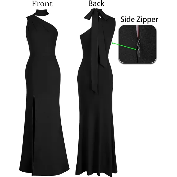 VFSHOW Womens Summer One Shoulder Halter Tie Neck Beach Party Maxi Dress Sexy Casual Ruched High Slit Plain DressBlack