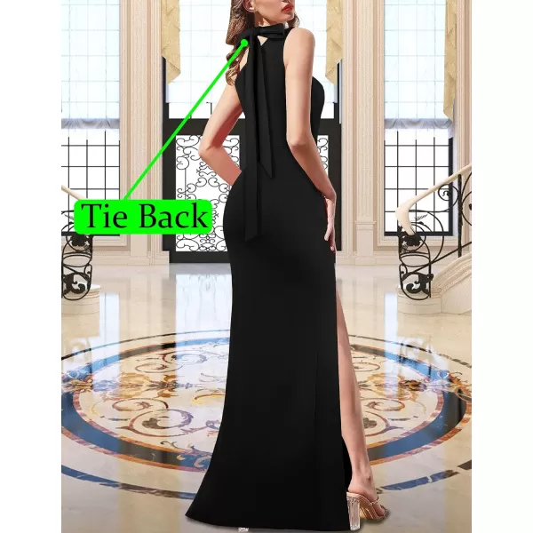 VFSHOW Womens Summer One Shoulder Halter Tie Neck Beach Party Maxi Dress Sexy Casual Ruched High Slit Plain DressBlack