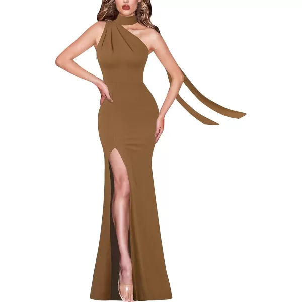 VFSHOW Womens Summer One Shoulder Halter Tie Neck Beach Party Maxi Dress Sexy Casual Ruched High Slit Plain DressBrown