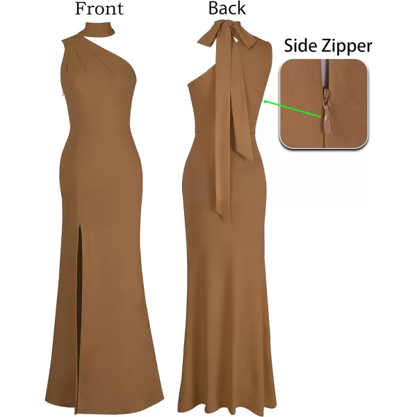 VFSHOW Womens Summer One Shoulder Halter Tie Neck Beach Party Maxi Dress Sexy Casual Ruched High Slit Plain DressBrown