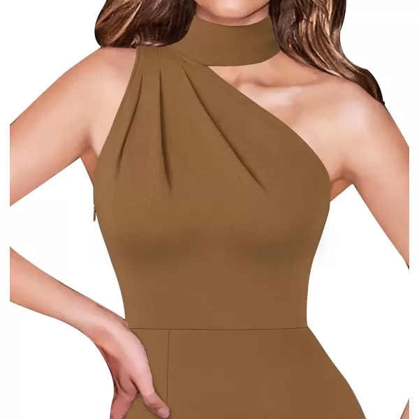 VFSHOW Womens Summer One Shoulder Halter Tie Neck Beach Party Maxi Dress Sexy Casual Ruched High Slit Plain DressBrown