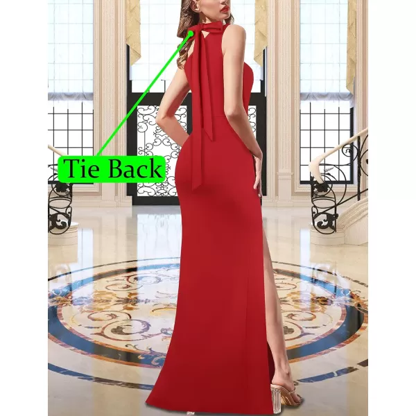 VFSHOW Womens Summer One Shoulder Halter Tie Neck Beach Party Maxi Dress Sexy Casual Ruched High Slit Plain DressRed