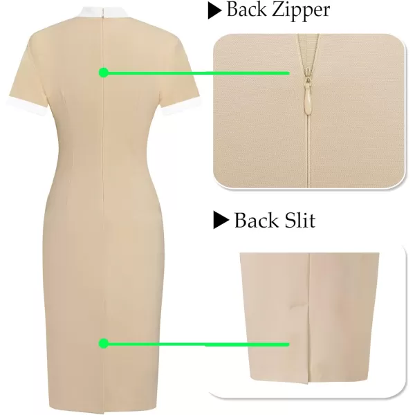 VFSHOW Womens Tie Neck Slim Work Office Business Cocktail Bodycon Pencil DressBeige With White Tie2