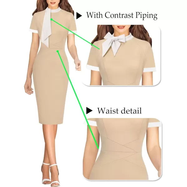 VFSHOW Womens Tie Neck Slim Work Office Business Cocktail Bodycon Pencil DressBeige With White Tie2