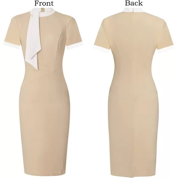 VFSHOW Womens Tie Neck Slim Work Office Business Cocktail Bodycon Pencil DressBeige With White Tie2