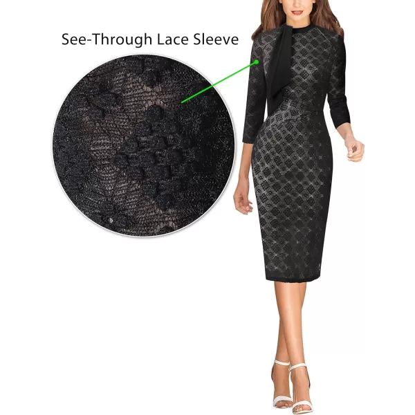 VFSHOW Womens Tie Neck Slim Work Office Business Cocktail Bodycon Pencil DressBlack Bubble Lace