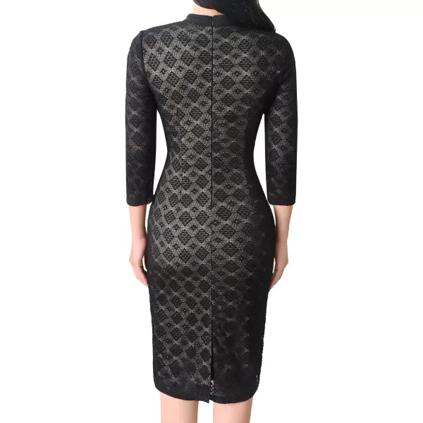 VFSHOW Womens Tie Neck Slim Work Office Business Cocktail Bodycon Pencil DressBlack Bubble Lace