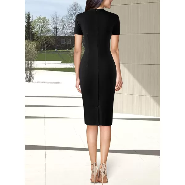 VFSHOW Womens Tie Neck Slim Work Office Business Cocktail Bodycon Pencil DressBlack Short Sleeve