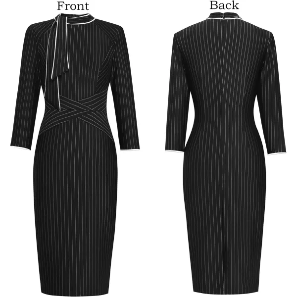 VFSHOW Womens Tie Neck Slim Work Office Business Cocktail Bodycon Pencil DressBlack Striped With White Piping