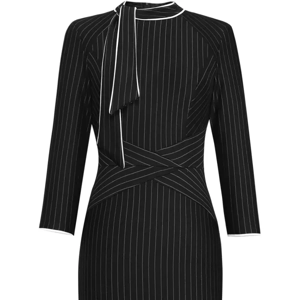 VFSHOW Womens Tie Neck Slim Work Office Business Cocktail Bodycon Pencil DressBlack Striped With White Piping