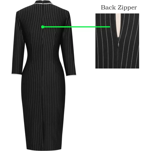 VFSHOW Womens Tie Neck Slim Work Office Business Cocktail Bodycon Pencil DressBlack Striped With White Piping