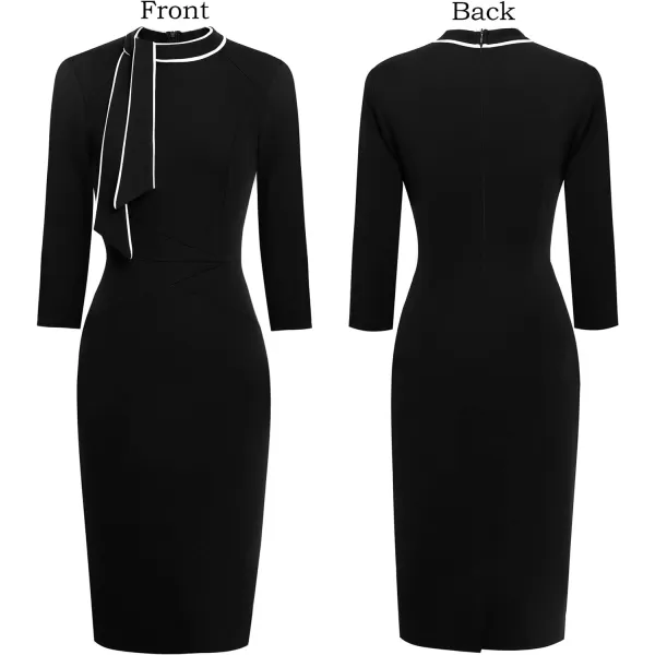 VFSHOW Womens Tie Neck Slim Work Office Business Cocktail Bodycon Pencil DressBlack With White Piping2