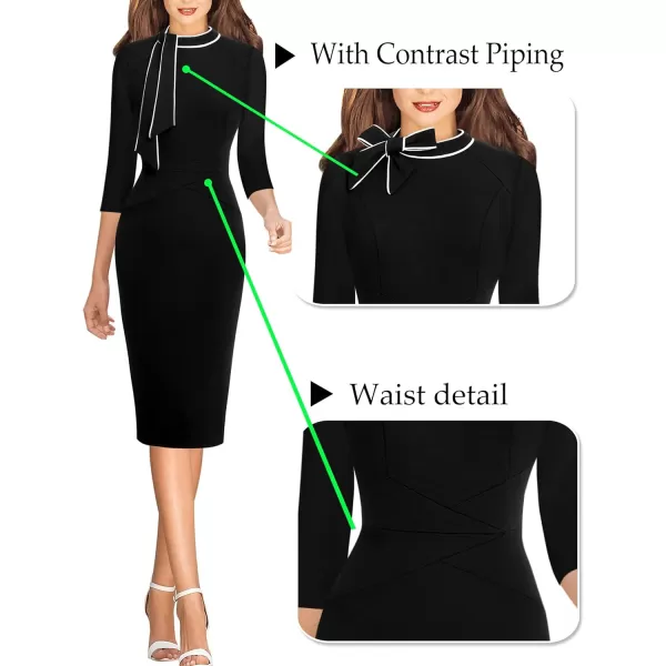 VFSHOW Womens Tie Neck Slim Work Office Business Cocktail Bodycon Pencil DressBlack With White Piping2