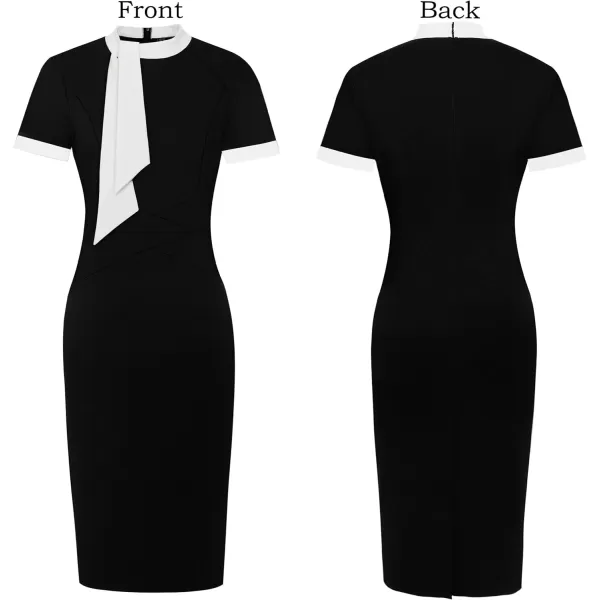 VFSHOW Womens Tie Neck Slim Work Office Business Cocktail Bodycon Pencil DressBlack With White Tie2