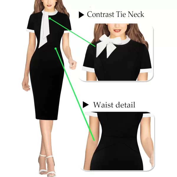 VFSHOW Womens Tie Neck Slim Work Office Business Cocktail Bodycon Pencil DressBlack With White Tie2