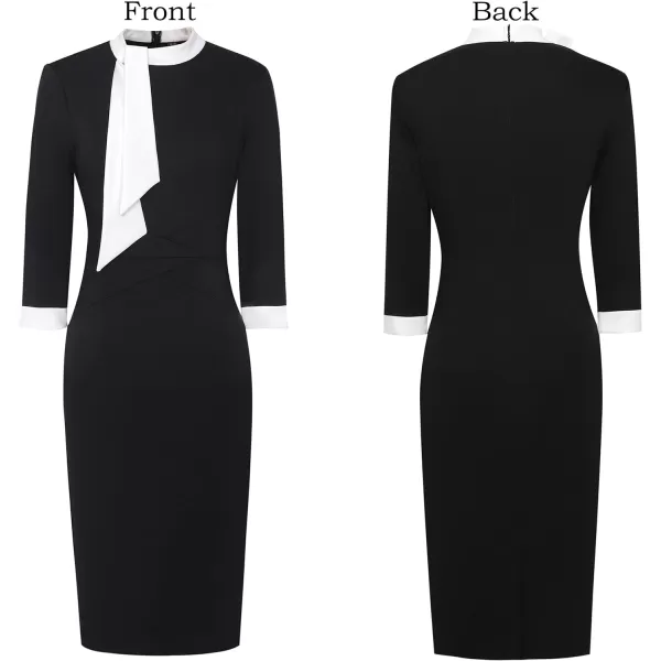 VFSHOW Womens Tie Neck Slim Work Office Business Cocktail Bodycon Pencil DressBlack With White Ties