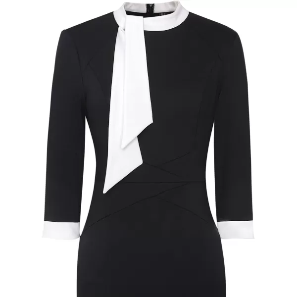 VFSHOW Womens Tie Neck Slim Work Office Business Cocktail Bodycon Pencil DressBlack With White Ties