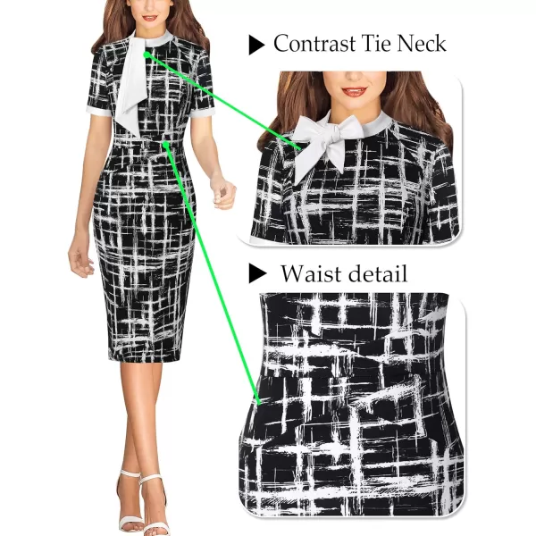 VFSHOW Womens Tie Neck Slim Work Office Business Cocktail Bodycon Pencil DressBlack and White Geometric Print