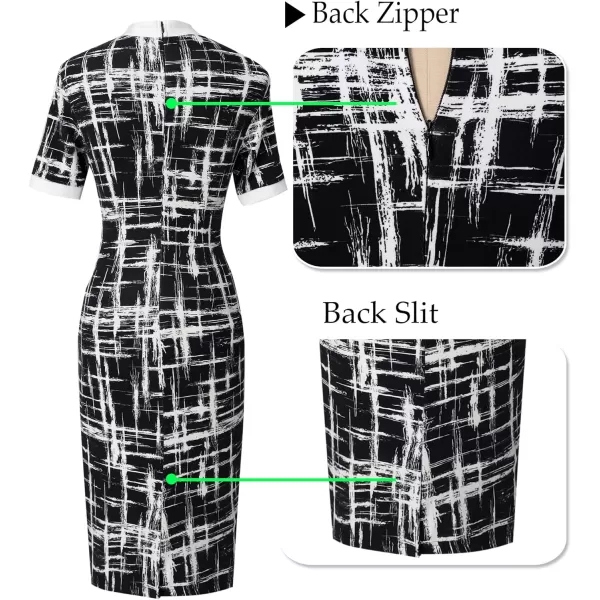 VFSHOW Womens Tie Neck Slim Work Office Business Cocktail Bodycon Pencil DressBlack and White Geometric Print