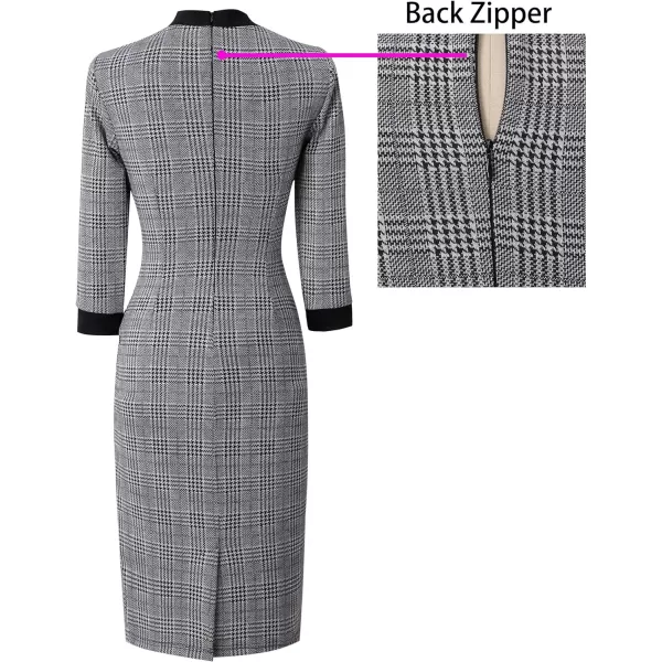 VFSHOW Womens Tie Neck Slim Work Office Business Cocktail Bodycon Pencil DressBlack and White Glen Plaid Black Tie