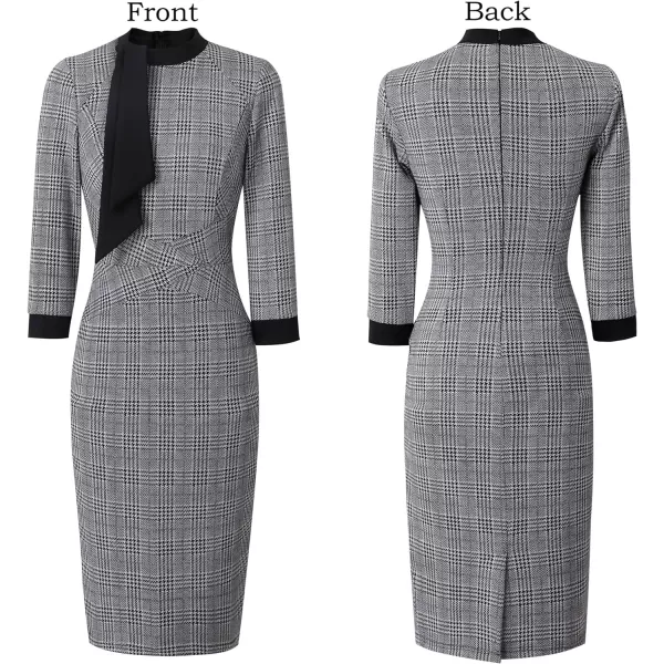 VFSHOW Womens Tie Neck Slim Work Office Business Cocktail Bodycon Pencil DressBlack and White Glen Plaid Black Tie