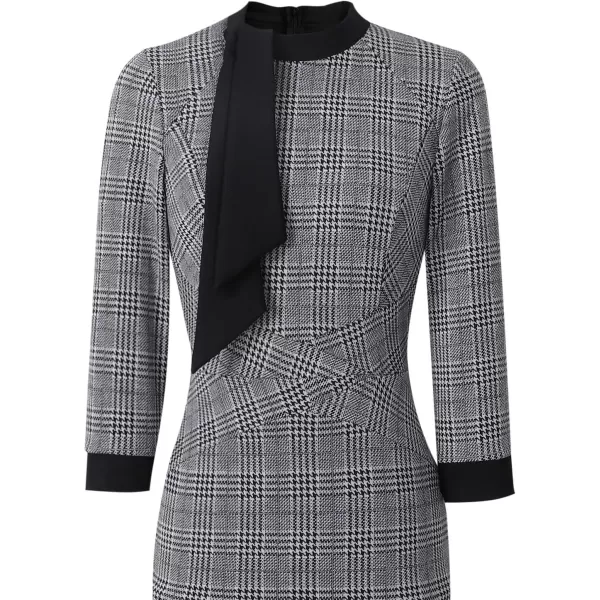 VFSHOW Womens Tie Neck Slim Work Office Business Cocktail Bodycon Pencil DressBlack and White Glen Plaid Black Tie