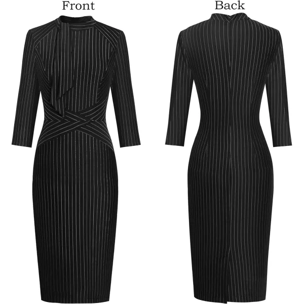 VFSHOW Womens Tie Neck Slim Work Office Business Cocktail Bodycon Pencil DressBlack and White Striped2