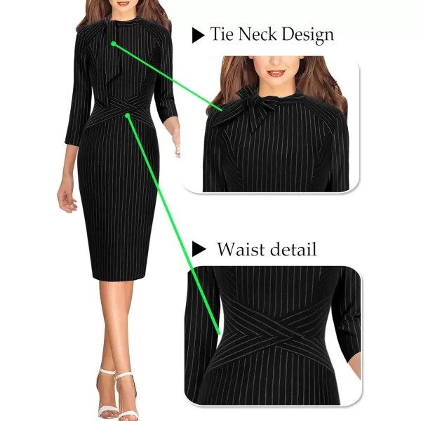 VFSHOW Womens Tie Neck Slim Work Office Business Cocktail Bodycon Pencil DressBlack and White Striped2