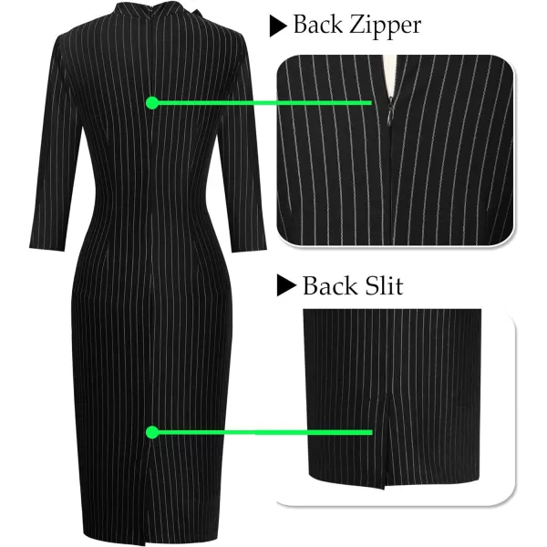 VFSHOW Womens Tie Neck Slim Work Office Business Cocktail Bodycon Pencil DressBlack and White Striped2