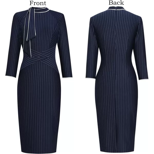 VFSHOW Womens Tie Neck Slim Work Office Business Cocktail Bodycon Pencil DressBlue Striped With White Piping