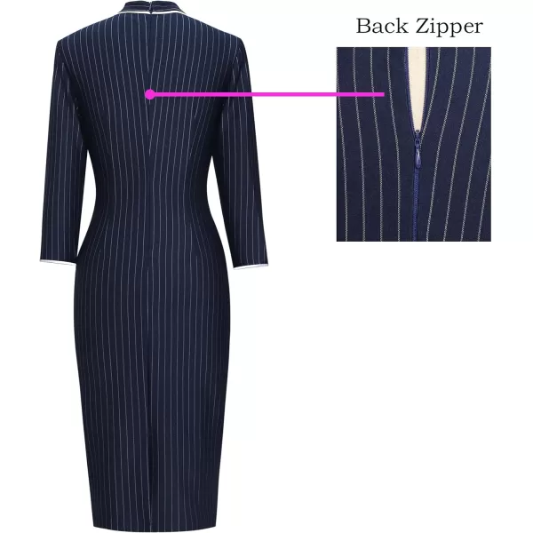 VFSHOW Womens Tie Neck Slim Work Office Business Cocktail Bodycon Pencil DressBlue Striped With White Piping