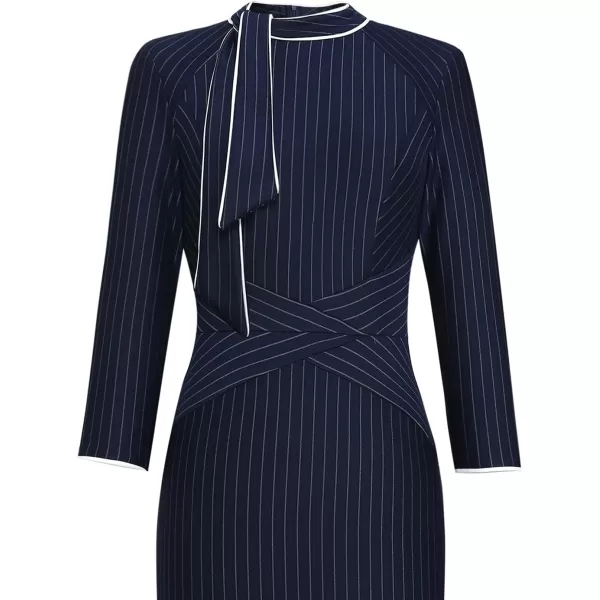 VFSHOW Womens Tie Neck Slim Work Office Business Cocktail Bodycon Pencil DressBlue Striped With White Piping