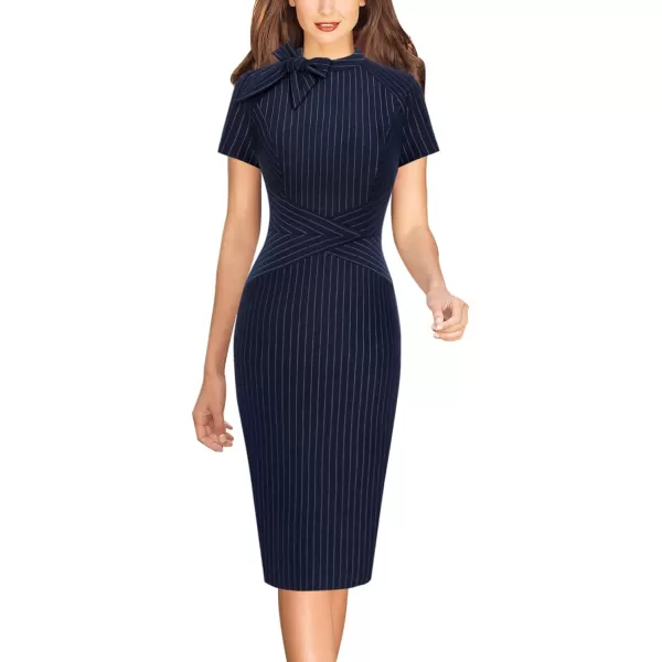 VFSHOW Womens Tie Neck Slim Work Office Business Cocktail Bodycon Pencil DressDark Blue and White Stripedtie Neck