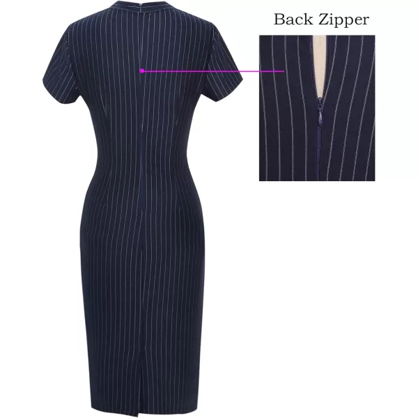 VFSHOW Womens Tie Neck Slim Work Office Business Cocktail Bodycon Pencil DressDark Blue and White Stripedtie Neck