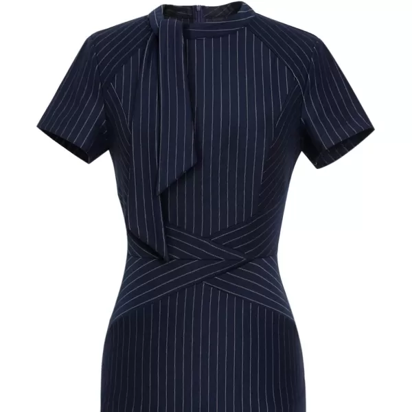 VFSHOW Womens Tie Neck Slim Work Office Business Cocktail Bodycon Pencil DressDark Blue and White Stripedtie Neck