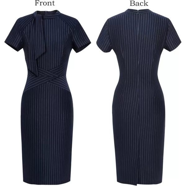 VFSHOW Womens Tie Neck Slim Work Office Business Cocktail Bodycon Pencil DressDark Blue and White Stripedtie Neck