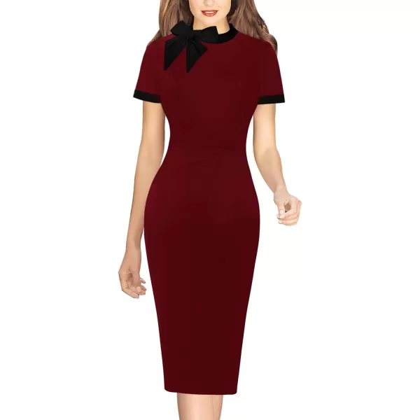 VFSHOW Womens Tie Neck Slim Work Office Business Cocktail Bodycon Pencil DressDark Red With Black Tie2