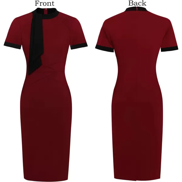 VFSHOW Womens Tie Neck Slim Work Office Business Cocktail Bodycon Pencil DressDark Red With Black Tie2