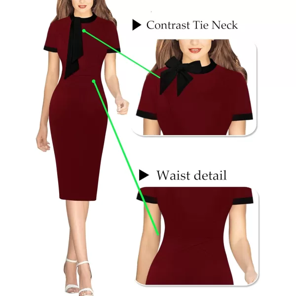 VFSHOW Womens Tie Neck Slim Work Office Business Cocktail Bodycon Pencil DressDark Red With Black Tie2