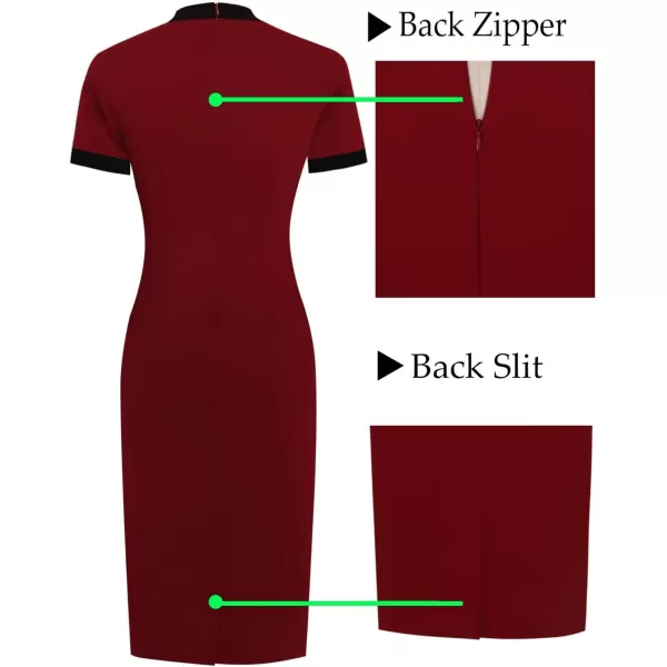 VFSHOW Womens Tie Neck Slim Work Office Business Cocktail Bodycon Pencil DressDark Red With Black Tie2