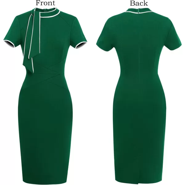 VFSHOW Womens Tie Neck Slim Work Office Business Cocktail Bodycon Pencil DressGreen With White Piping